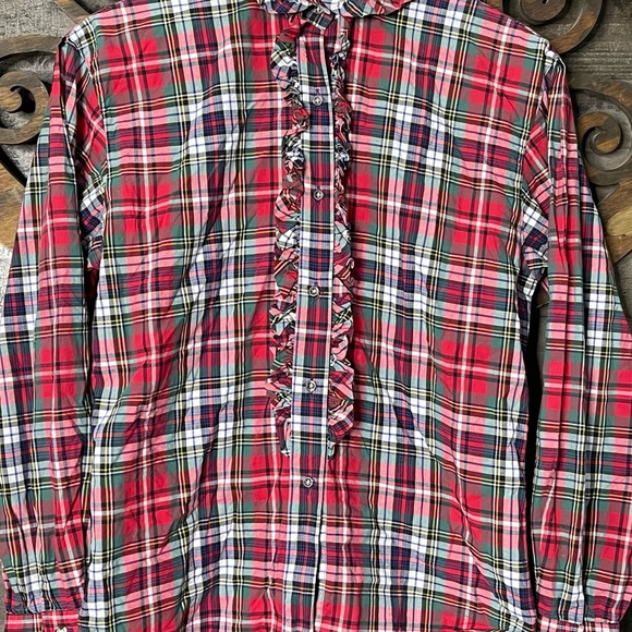 Plaid Ruffle Blouse Sz 10 Vintage Red Green Preppy Academia 1980s Chic - Picture 4 of 16